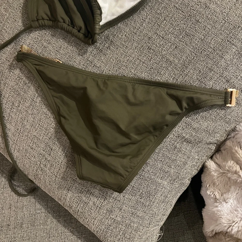 L Space army green bikini with gold mesh small bottom large top - Picture 5 of 6